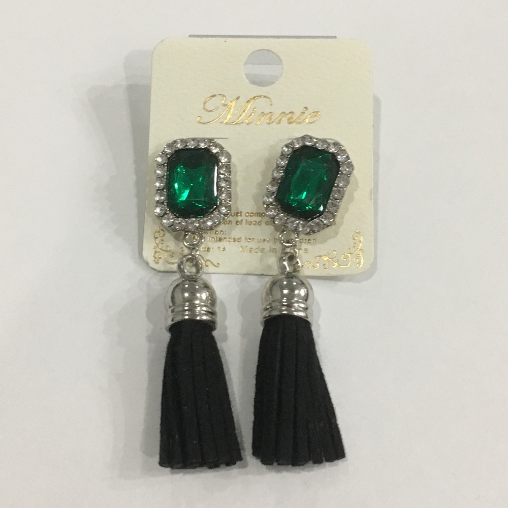 Green and black tassel fringe earrings